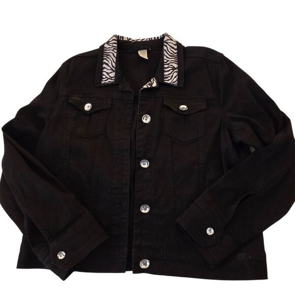 Women's Zebra Print Trim Crystal Button Front Denim Cotton Jacket Black Large - Picture 5 of 11